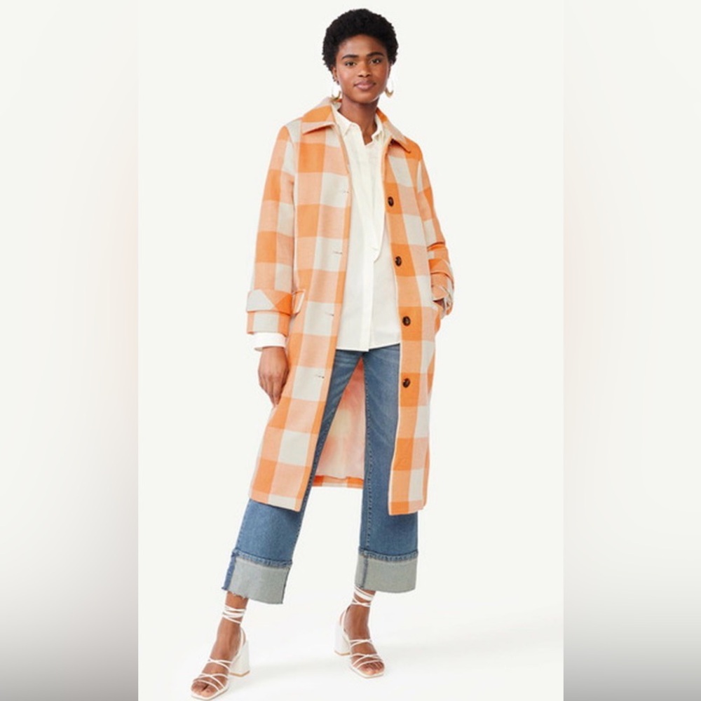 Elegant Orange and White Checkered Trench Coat